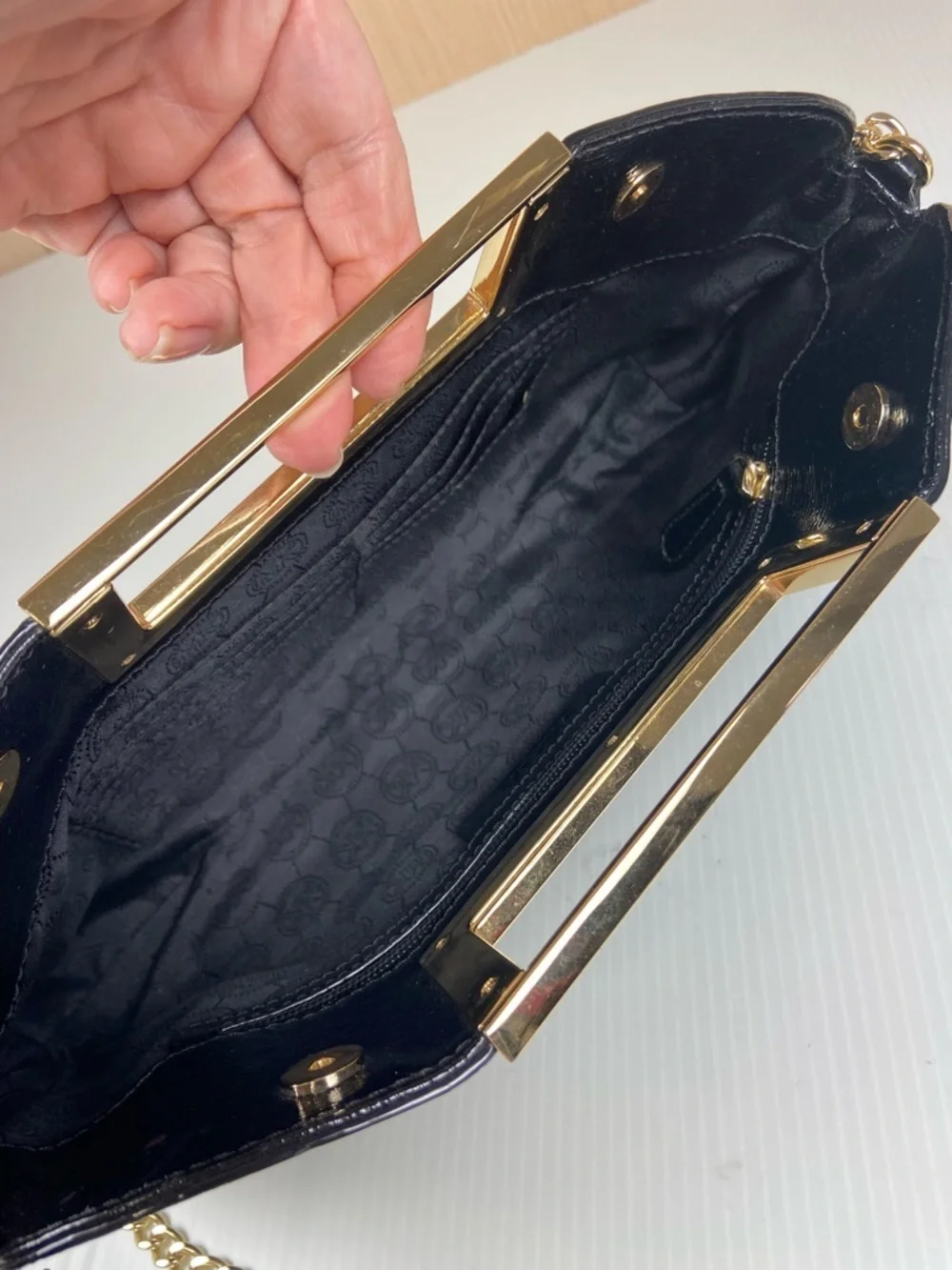 Michael Kors Black Leather Frame Clutch Gold Bar Handle Evening Bag Chain Strap
